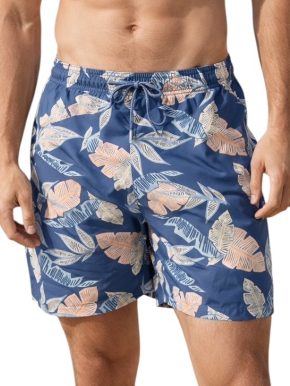 Caribbean Joe Men’s Lt Blue & Pink Swimsuit Palm Leaf-Print Swim Trunks Size L